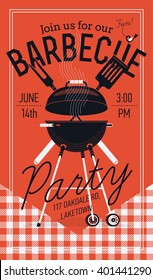Lovely Vector Flyer Or Poster Template On Barbecue Party. Barbecue Cookout Event. Spring Or Summer Barbecue Weekend Celebration Poster With Red Checkered Tablecloth, Cooking Grill, Paddle And Fork