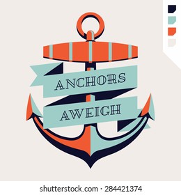 Lovely vector four colored old anchor label with ribbon and sample text | Minimalistic nautical insignia. Ideal for screen printing, t-shirt design, stickers, cards and other printables