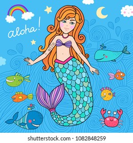 Lovely vector hand drawn pretty mermaid illustration on the sea wave background with fish, whale and crab.