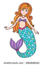 Lovely vector hand drawn pretty mermaid illustration. Isolated on white. 