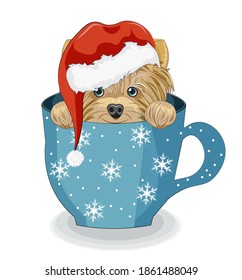 Lovely vector happy new yaer. Merry Christmas, puppy, dog in Santa hat, in cup. Picture in hand drawing cartoon style, for t-shirt wear fashion print design, greeting card, postcard. party invitation.