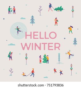 Lovely vector 'Hello Winter' banner, poster or postcard template with traditional winter and Christmas season outdoors leisure activities 