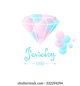 Lovely vector icon, emblem, design element, logotypes set. Beautiful white diamonds shapes on blue bubble background. Jewelry store emblem. 