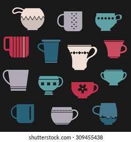 Lovely vector icons set. Cups and Mugs isolated on black. Vintage kitchen background.