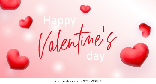 Lovely vector illustration with 3d red hearts, light pink gradient and lettering Happy Valentine’s Day. Romantic backdrop is perfect for greeting cards, gifts, banners, posters, party decoration