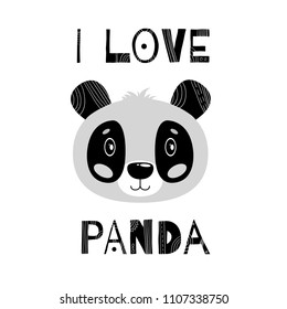 Lovely vector illustration with an animal panda. White background. Black and white color. Postcard print.