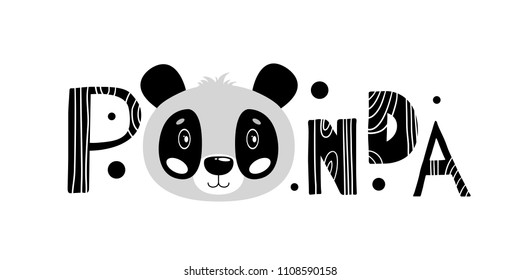 Lovely vector illustration with an animal panda. White background. Black and white color. Postcard print.