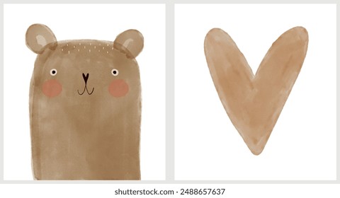 Lovely Vector Illustration with Bear and Heart. Cute Brown Teddy Bear and Beige Big Heart on a White Background. Watercolor Nursery Art. Baby Bear Toy. Kids' Room Decoration. Love Symbol.