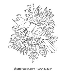 Lovely vector illustration of the bird with flowers and florals. Black outline drawing perfect for coloring page or book for children or adults.