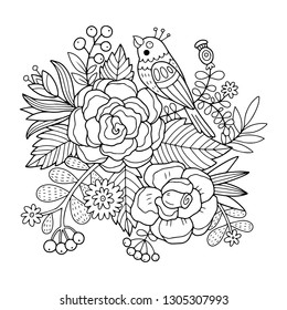 Bonita ilustración vectorial del ave con flores y flores. Dibujo de esquema negro perfecto para colorear página o libro para niños o adultos.