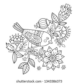 Lovely vector illustration of the bird with flowers and florals. Black outline drawing perfect for coloring page or book for children or adults.