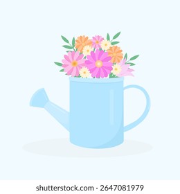 Lovely vector illustration of blooming flowers in a watering can — ideal for invitations, cards, posters, and charming rustic or garden-themed designs