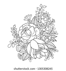 Lovely vector illustration of bouquet of blowers. Black outline drawing perfect for coloring page or book for children or adults.