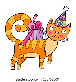 Lovely vector illustration of the cat with the gift box with ribbon and the birthday hat. Cute mascot or character for any pet related business and for children