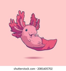 Bonita ilustración vectorial de alegre axolotl diminuto. Atractivo axolotl rosa con aspecto entusiasta y gran sonrisa. Mascota de protección de la naturaleza. Zoo cuadrado o arte de pared oceanario, afiche