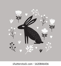 Lovely Vector Illustration with Cute Black Bunny Sitting in a Garden. Lovely Rabbit Isolated on a Gray Background. Funny Nursery Vector Art for Card, Wall Art, Greeting, Poster, Invitation.