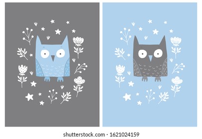 Lovely Vector Illustration with Cute Blue and Brown Owl In a White Floral Frame Isolated on a Blue and Brown Background. Funny Nursery Art for Card, Invitation, Wall Art, Greeting, Poster.