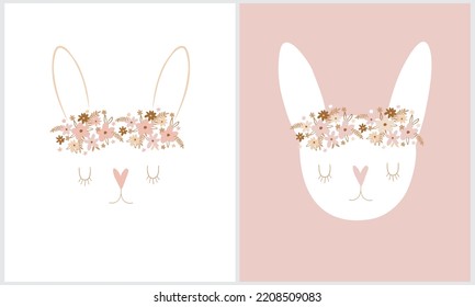 Lovely Vector Illustration with Cute Bunny in a Floral Wreath. Cute Rabbit on a Light Pink and White Background. Easter or Chinese New Year Vector Print ideal for Card, Wall Art, Invitation.