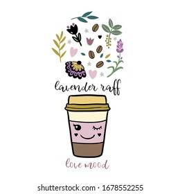 Bonita ilustración vectorial. Café con especias de doodle, flores y la inscripción. Tarjeta estacional, diseño de afiches para bebida dulce caliente.
