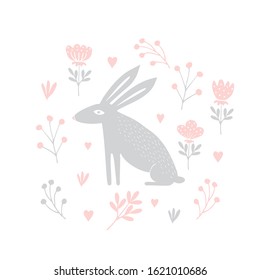 Lovely Vector Illustration with Cute Gray Bunny Sitting in a Pink Garden. Lovely Rabbit Isolated on a White Background. Funny Nursery Vector Art for Card, Wall Art, Greeting, Poster, Invitation.