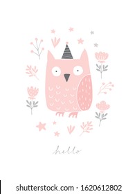 Lovely Vector Illustration with Cute Pink Owl In a Floral Frame Isolated on a White Background.Funny Owl Wearing Party Hat with Pink Pompon.Nursery Art for Card, Invitation, Wall Art, Greeting,Poster.