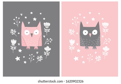 Lovely Vector Illustration with Cute Pink and Brown Owl In a White Floral Frame Isolated on a Light Pink and Dark Gray Background. Funny Nursery Art for Card, Invitation, Wall Art, Greeting, Poster.