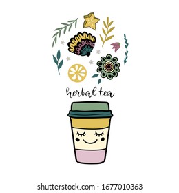 Lovely vector illustration. Cute tea paper cup with doodle leaves, flowers and the inscription. Seasonal card, poster design for warm sweet drink.