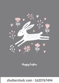 Lovely Vector Illustration with Cute White Bunny Running in an Abstract Garden. Lovely Rabbit Isolated on a Brown Background. Funny Nursery Vector Art for Card, Wall Art, Greeting, Poster, Invitation.