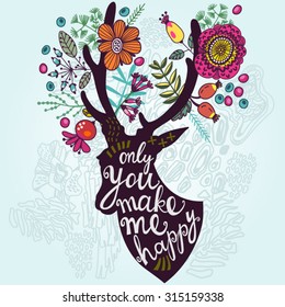 Lovely vector illustration of deer head and autumn flowers and plants with graphic hand drawn background.