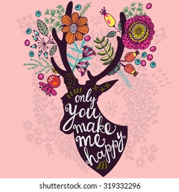 Lovely vector illustration of deer head and autumn flowers and plants with graphic hand drawn background.
