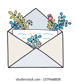 Lovely vector illustration of the envelope with florals. Cute doodle drawing.