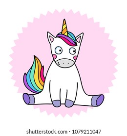 Lovely vector illustration of the funny unicorn. Cute magic animal mascot. Bright rainbow colors.