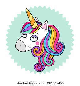 Lovely vector illustration of the funny unicorn. Cute magic animal mascot. Bright rainbow colors.