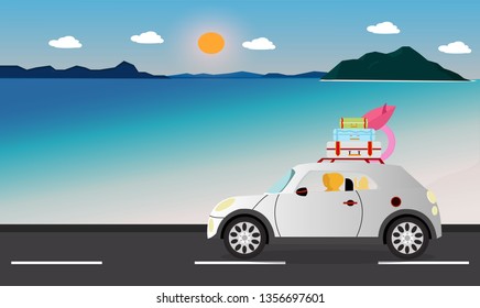 lovely vector illustration  a group of family driving a car  travelling to  the sea with happy.