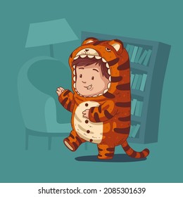 Lovely vector illustration of joyful kid dressed as a tiger. Enthusiastic toddler wearing a tiger pajama imitate a roar. Cute child character. Square wall art, poster, holiday banner, 2022 greeting