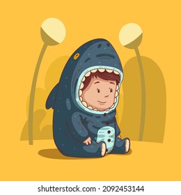 Lovely vector illustration of joyful kid dressed as a shark sitting still in the yard. Enthusiastic toddler wearing a shark pajama. Cute child character, lovely kid, nice toddler