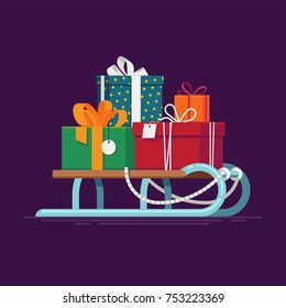 Lovely vector illustration on Christmas gifts and presents with gift boxes and packages stacked on kids' snow sleds 