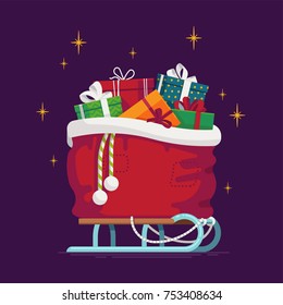 Lovely vector illustration on Christmas Santa’s gift sack full of gift boxes and present packages standing on classic snow sleds