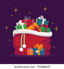 Lovely vector illustration on Christmas Santa’s gift sack full of gift boxes and present packages