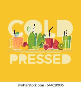 Lovely vector illustration on 'Cold Pressed' fruit juices featuring various jars, bottles and glasses of smoothies and fresh juices, fruit slices and salad leaves, trendy flat design