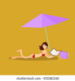 Lovely vector illustration on summer vacation beach resort adult girl enjoying sun, read book under  umbrella. Sexy woman lying on beach
