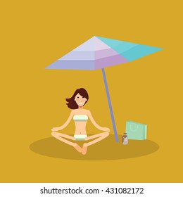 Lovely vector illustration on summer vacation beach resort adult girl enjoying sun under umbrella. Sexy woman sitting on beach