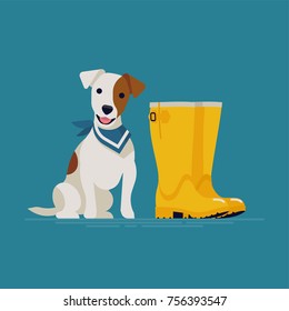 Lovely vector illustration on terrier dog ready for a walk wearing blue bandana or neckerchief sitting next to yellow rubber boots. Cute white coated with brown markings Jack Russell