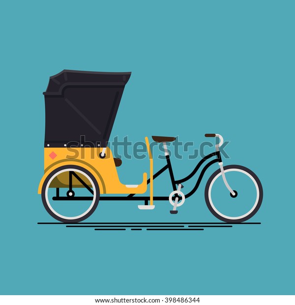 Lovely vector illustration on velotaxi.\
Pedicab flat design icon. Bike taxi cycle rickshaw isolated. Human\
powered local city transport vehicle\
bikecab
