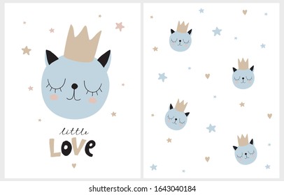 Lovely Vector Illustration and Pattern with Cute Baby Cat, Stars and Hearts. Simple Hand Drawn Blue Little Kitty  Isolated on a White. Sweet Nursery Vector Print with Cat King Wearing a Golden Crown.