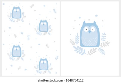Lovely Vector Illustration and Pattern with Cute Blue Owl In a White Floral Frame Isolated on a White Background. Funny Nursery Art for Card, Invitation, Wall Art, Greeting, Poster.