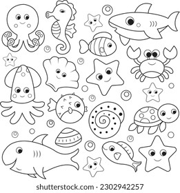 Lovely vector illustration with sea life.Black outline drawing perfect for coloring page or book for children or adults.