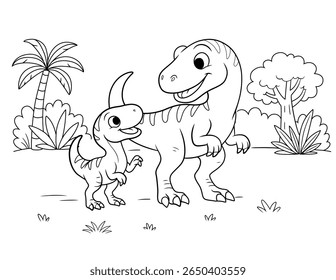 A lovely vector illustration showing an adult horned dinosaur and its baby in a prehistoric setting with trees and bushes. Perfect for coloring books and children's designs. Features a clean outline s