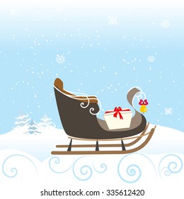 Lovely vector illustration of a snowy scene with a beautiful old sleigh bell snowflakes and gift