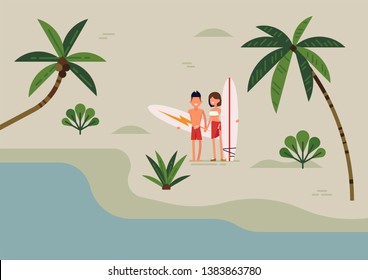 Lovely vector illustration in trendy flat style on young couple of surfers standing on beach holding surfboards and smiling. Surfer couple ready to ride the waves. Beach lifestyle minimal background